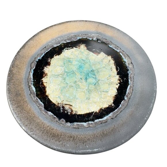 Hand Made Crystalline Pottery Round Wasabi Dipping Dish Plate Signed Crafted VTG - Picture 1 of 13